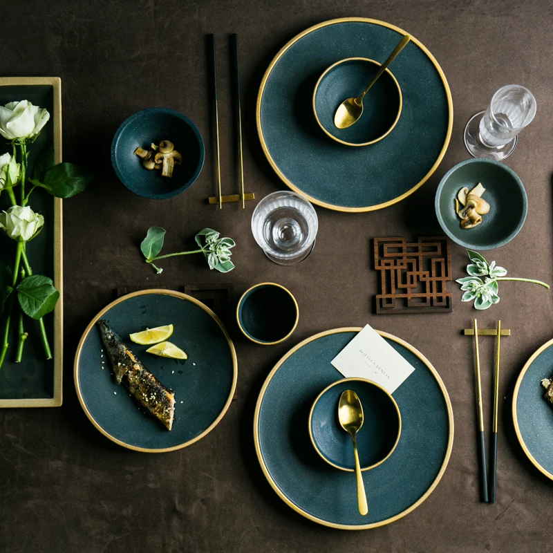 

Ceramic Gold Inlay Plates Steak Food Dish Nordic Style Retro Tableware Bowl Ins Dinner Plate Cup High End Dinnerware Set