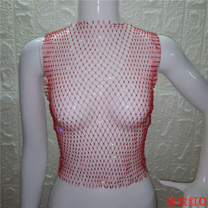 Festival Queen Sexy Diamonds Mesh Cropped Tank Top Women Summer Cover Up Bikini See Through Rhinestone Net Party Club Crop Top - Цвет: Deep rose O -neck