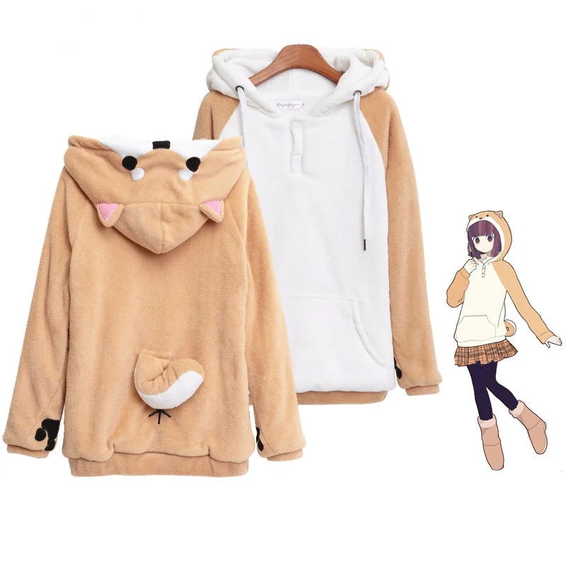 Harajuku Shiba Inu Doge Kawaii толстовки женские с ушками капюшоном плюшевое пальто