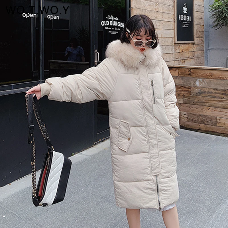 WOTWOY Fashion Winter Jacket Women Fur Neck Zipper Buttons Hooded Knee-Length Female Parkas Pockets Ribs Women's Outwear