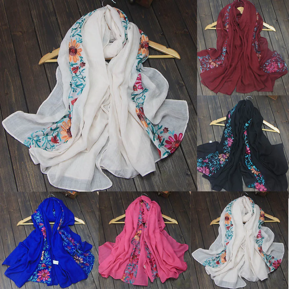 Новая осенне-зимняя женская мода хлопок жемчуг негабаритная Вышитая Шаль оголовье женские шифоновые шарфы Пастораль#930