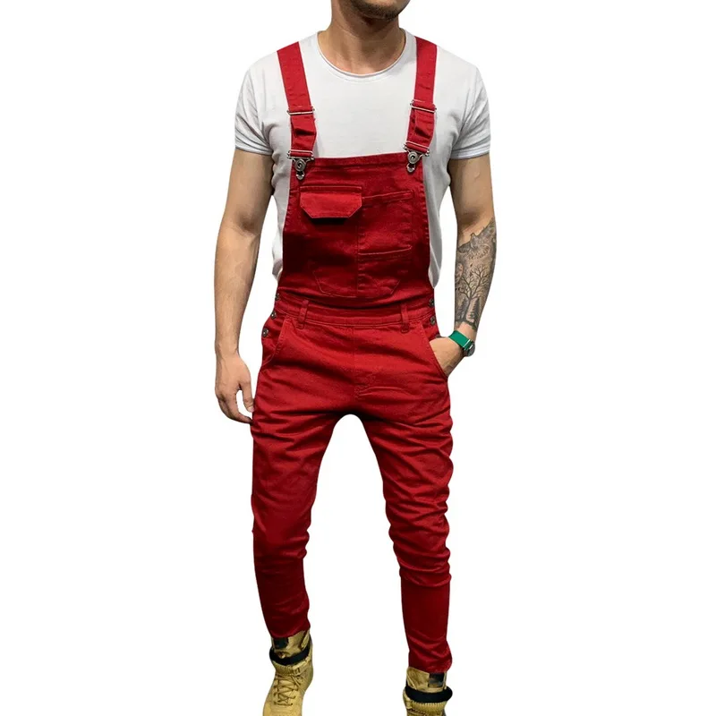 Laamei Men Adjustable Shoulder Strap Slim Denim Overalls Casual Bib Pants Jumpsuit Fashion Overalls For Man Suspender Pants