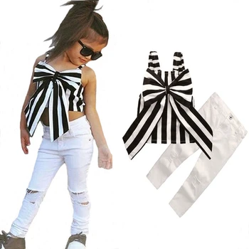 

Girl's Suit Ins Fashionable Suspender Pants 2-piece Set Striped Big Bow Top Ripped Pants Children's Suit Fashion Girl