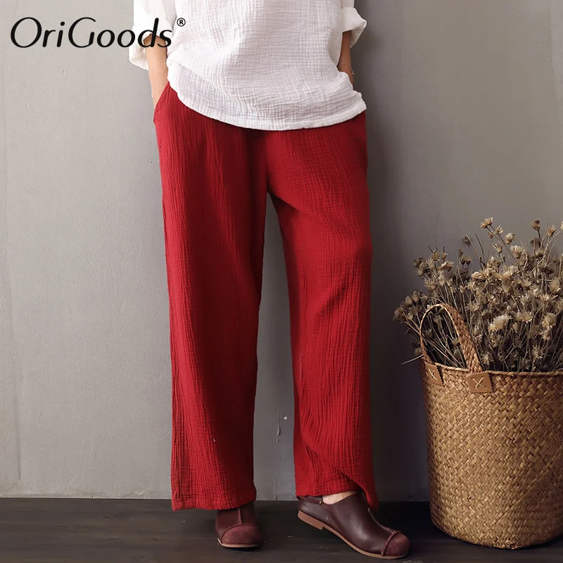 Эластичный пояс Твердые Для женщин широкие штаны Летние Повседневное полная длина длинные брюки красный черный, белый цвет Винтаж широкие