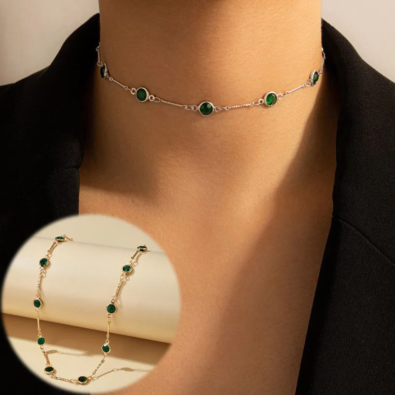 

Elegant Green Crystal Stone Clavicle Necklace for Women Fashion Geometry Alloy Party Wedding Jewelry Accessories