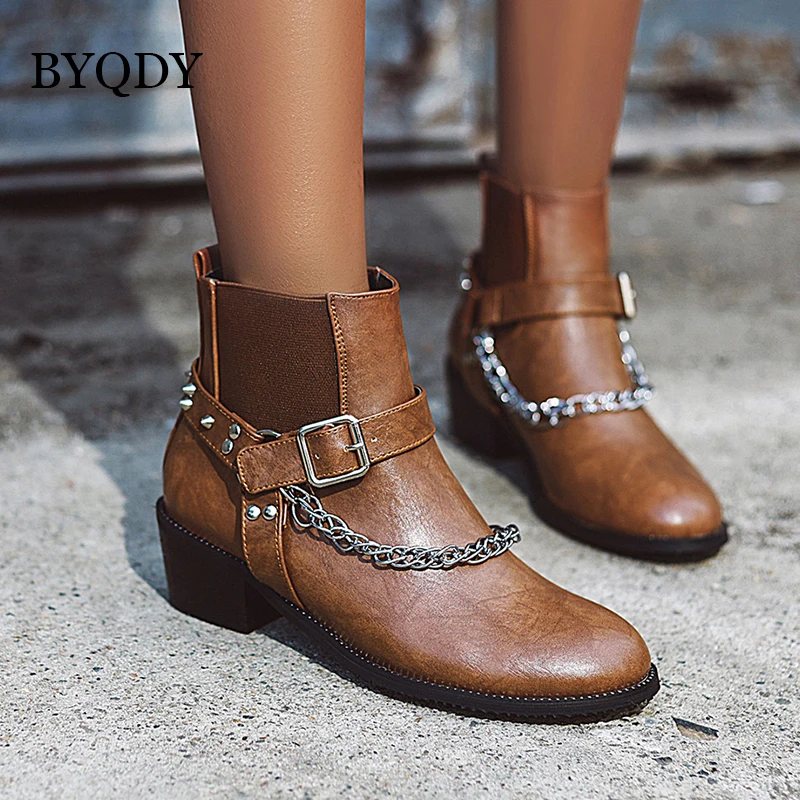 

BYQDY Sexy Rivet Winter Buckle Strap Ankle Boots Chunky Mid Heel Chain Autumn Booties Studded Round Toe Plus Size 34-48 Discount