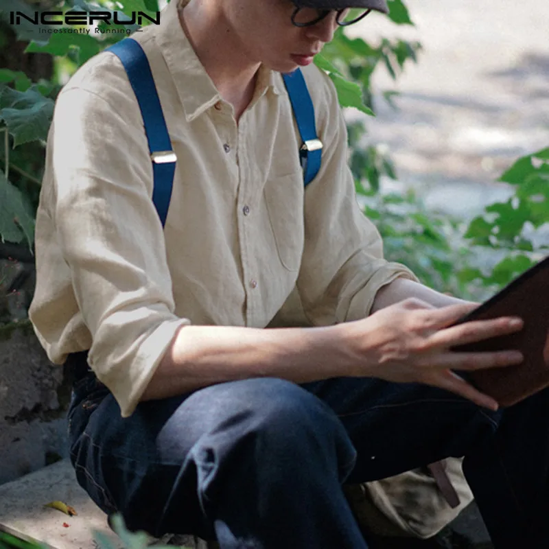 INCERUN Мужская рубашка с хлопком винтажная однотонная Кнопка Camisa длинный рукав, дышащий шик Повседневная брендовая рубашка для мужчин Harajuku