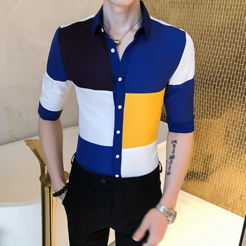 

Loldeal Fashion Patchwork Color Men Shirt Casual Half Sleeve Men's Social Shirts Slim Fit Streetwear Night Club Tuxedo