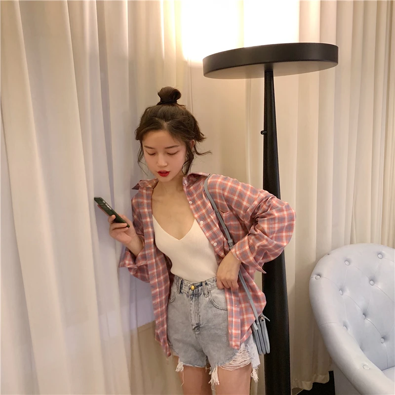 Блузка Женская Осенняя Студенческая Корейская версия дикий Harajuku стиль Bf с длинными рукавами клетчатая рубашка куртка тонкая женская закрывающая
