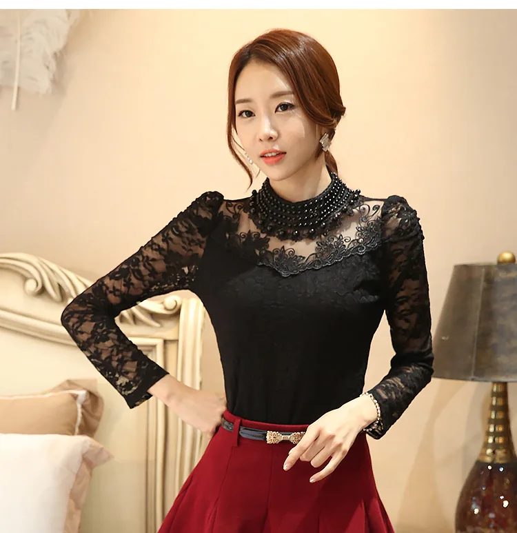 chiffon blouse elegant long sleeve bodysuit beaded Women lace blouse shirts crochet tops blusas Mesh Chiffon blouse female clothing womens shirts and blouses