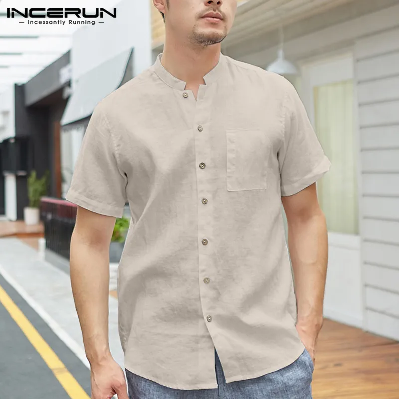 INCERUN, мужские повседневные рубашки, летние, со стоячим воротником, хлопок, Camisa, сплошной цвет, короткий рукав, на пуговицах, Ретро стиль, уличная одежда, мужские рубашки