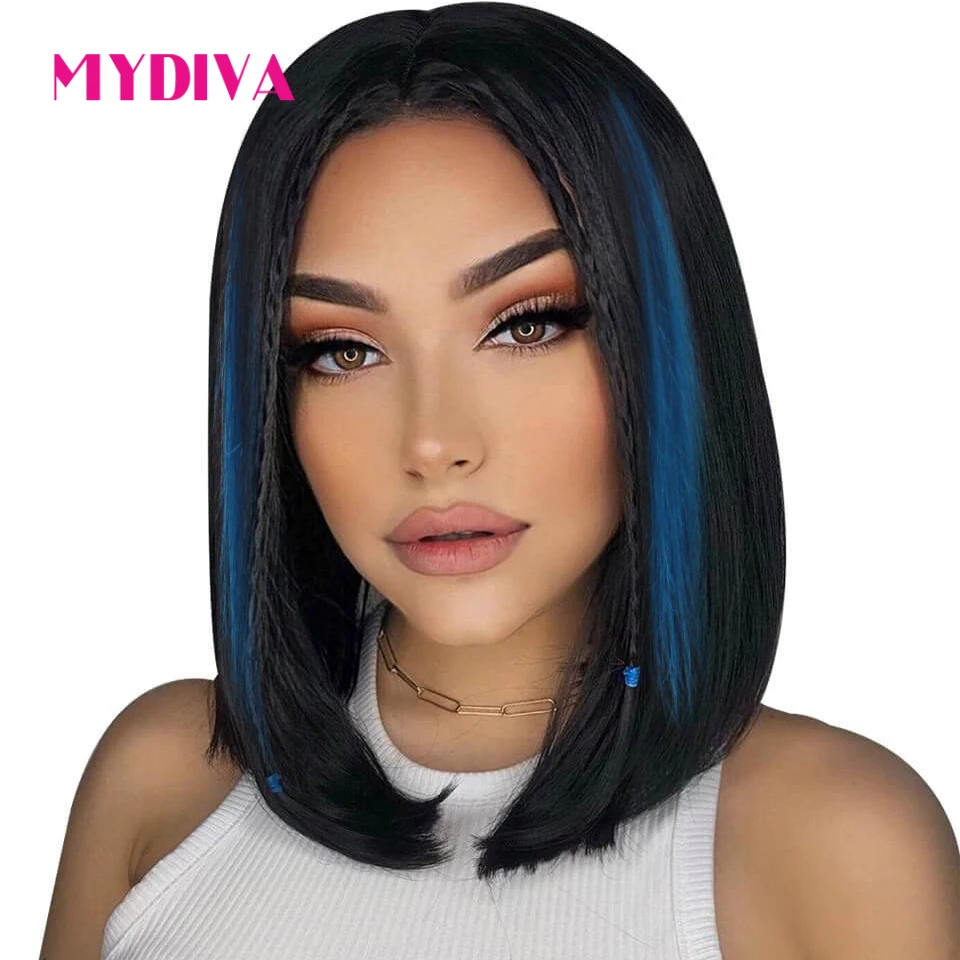 Blunt Cut Bob Wig Brazilian Lace Part Human Hair Wigs For Women Straight With Colored Hanging Ears Pieces Remy | Шиньоны и парики
