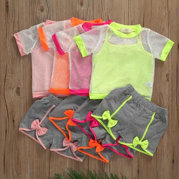 

1-6Y Casual Infant Baby Girls Clothes Sets 3pcs Solid Vest Tops+Net Short Sleeve T Shirts Tops+Bow Solid Shorts 4 Colors