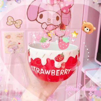 

1Pcs Lovely Strawberry Ceramic Bowl Fruit Salad Yogurt Dessert Rice Breakfast Bowl