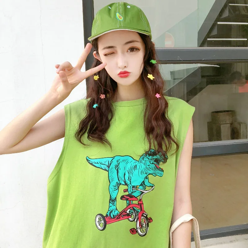 

New 2019 Summer Female Sleeveless T-shirt Harajuku Tops O-Neck Cartoon Dinosaur Print Plus Size Tee Top Casual Loose T Shirt