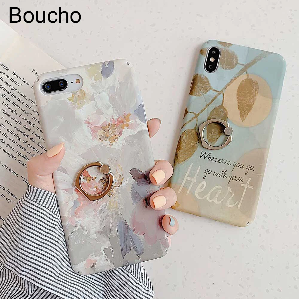 

Retro Leaf Oil Painting Ring Phone Case For iphone 11 pro XS MAX XR X XS 7 6 6s 7 Plus Cases For iphone 8 Cover With Finger Ring
