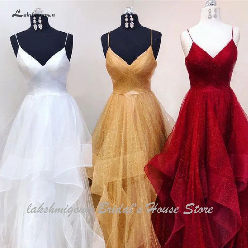 Lakshmigown реальное изображение Bling Длинные платья выпускного вечера оборками Тюль платье вечерние праздничные платья Спагетти ремни Backelss