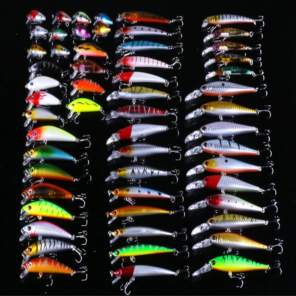 56 шт./компл. смешанные приманки Minnow Лот приманки для рыбалки в пресной воды кривошипно искусственные для рыбалки, твердая приманка 3d воблер с глазами приманки