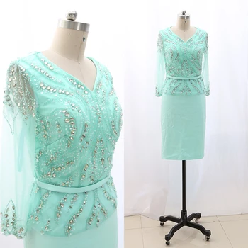 

MACloth Turquoise Pencil O Neck Knee-Length Short Crystal Tulle Prom Dresses Dress M 268219 Clearance