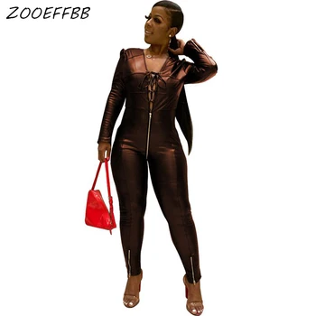 

ZKYZWX Sexy PU Leather Rompers Womens Jumpsuit Hollow Out Zip Overalls One Piece Club Outfits Long Sleeve Bodycon Jumpsuit