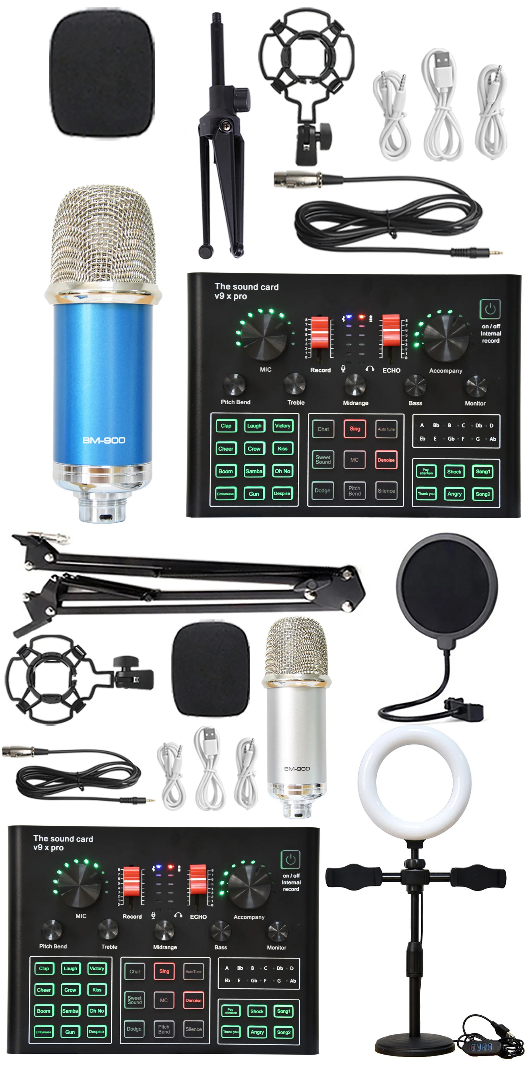 BM 800 Condenser Microphone Sound Card V9XPRO with Ring Fill Light Cantilever Bracket Bluetooth Wireless Live Streaming Kit MIC