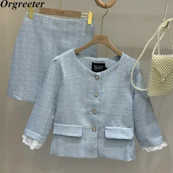

Graceful Ladies Light Blue Tweed Two Piece Set For Women 3/4 Sleeve Lace Trim Short Woolen Jacket Coat + Bodycon Mini Skirt Sets