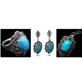 

Free shipping Vintage Blue jade 925 Sterling Silver Marcasite Ring (#7-10) pendant and earrings sets