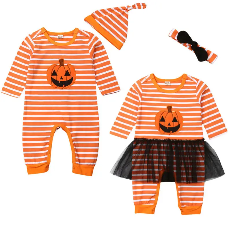

Baby Boy Girl Halloween Clothes 2Pcs Twins Matching Striped Rompers One Piece Long Sleeve Cotton Jumpsuits with Hats/Headband
