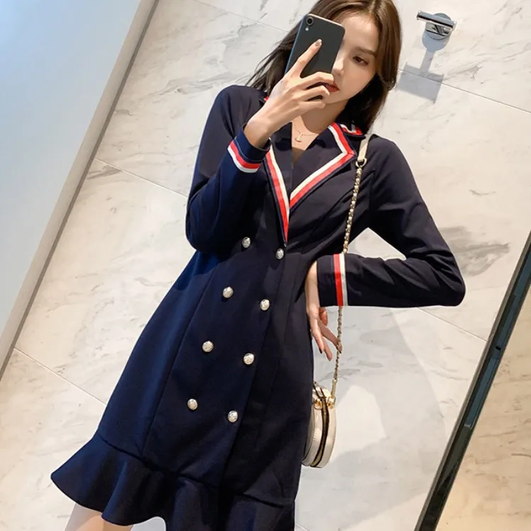 

New fashion Women Solid Notched Double Breasted Ruffles High Waist Bodycon Elegant Office Lady Blazer Dress
