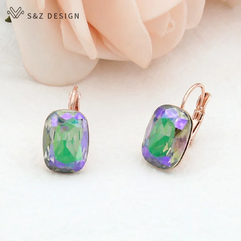 S&Z DESIGN Elegant 585 Rose Gold Color Square Crystal Dangle Earrings For Women Wedding Party Fashion Jewelry