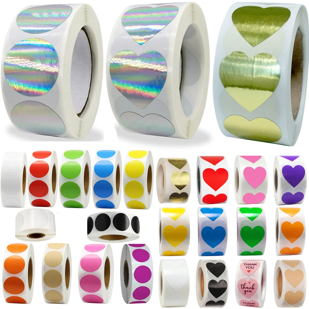 24Types Round Heart Clear Gold Rainbow Laser Holographic Color Stickers Dot Labels for Coding Assorted Stationery Package Seals afbeelding