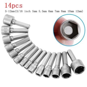

14pcs 5-12mm Metric Socket Nut Impact Driver Adapter Drill Bits 1/4 Inch Hex Shank Tool Set Nut Driver Socket Bit Set 3/16 Inch
