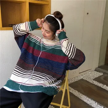 

2020 Winter & Autumn New Arrival Korean Version Loose Color Striped Sweater Long-sleeved Knit Round Neck Sweater Free Shipping