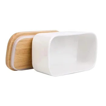 

Nordic Butter Sealing Box,Ceramic Butter Plate,White,With Wood Lid And Knife,Cheese Storage Tray Butter Dish Container Box