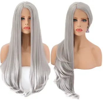 

Silver Grey Natural Straight Synthetic 13*3 Lace Front Wig Heat Resistant Fiber Hair Natural Hairline Side Parting For Women Wig
