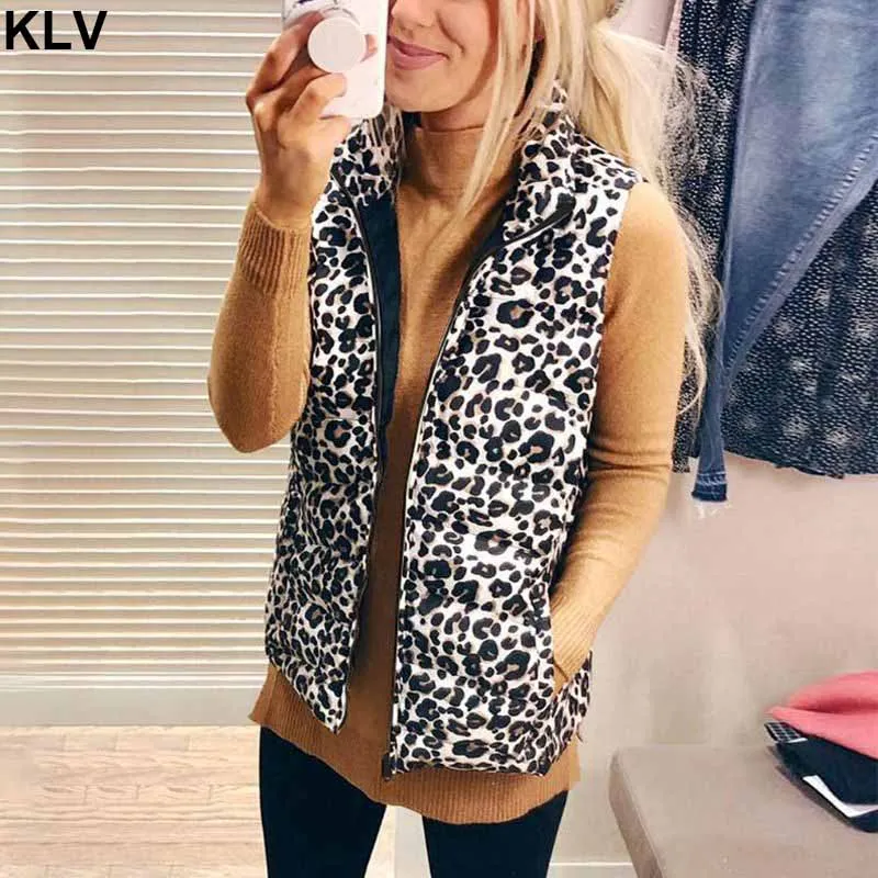 

Slim coats Women Warm Waistcoat Winter Vest Leopard Sleeveless Jacket Stand-up Collar Cotton Sleeveles Waistcoat Windproof