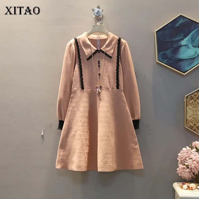 XITAO, корейский стиль, кукольный воротник, женское платье, тонкое, вязаное платье, длинный рукав, элегантная женская одежда,, новая мода, XJ3107