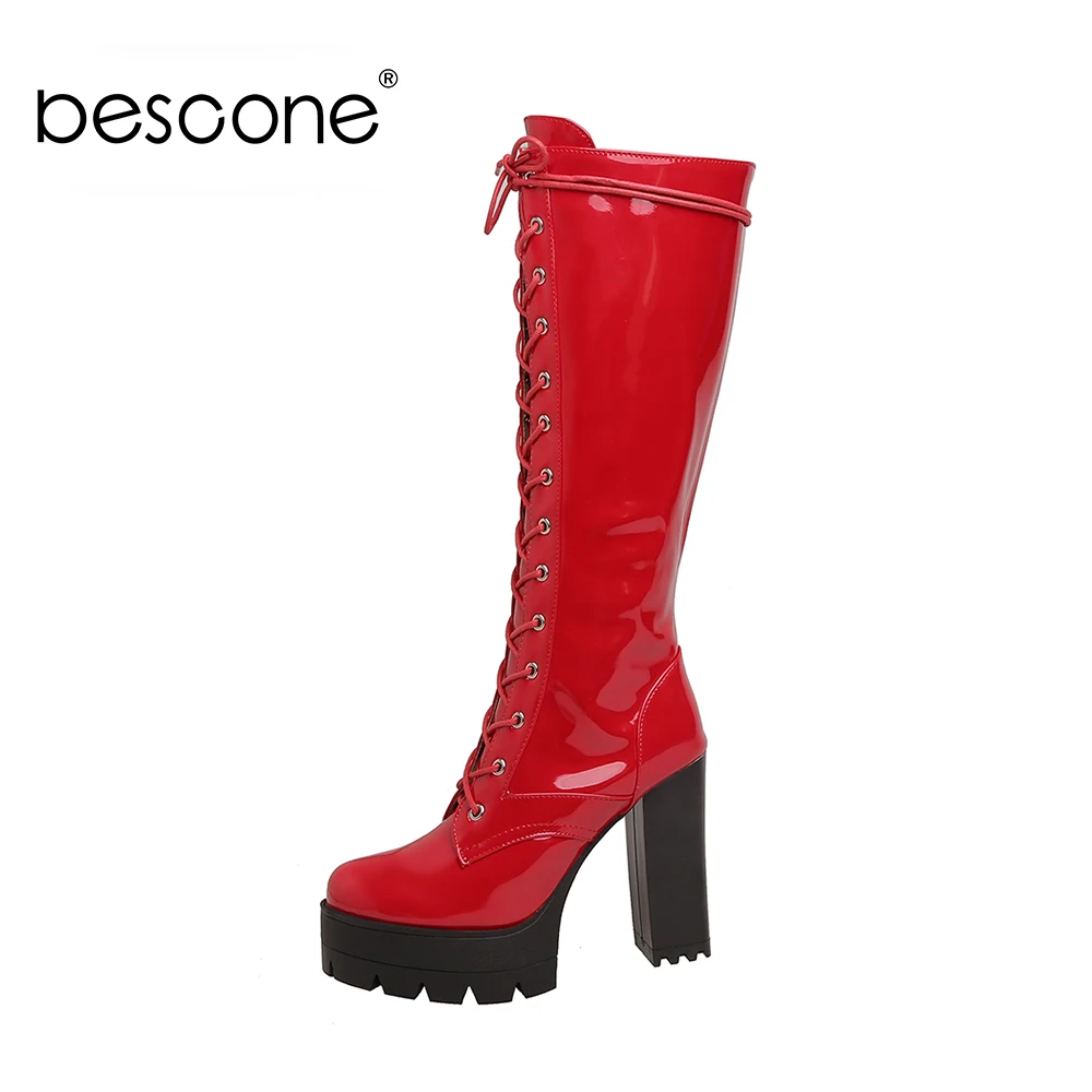 

Bescone Women Long Boots Lace Up Platform Block Heel Winter Shoes Sexy High Heel Knee High Boots for Ladies BM601
