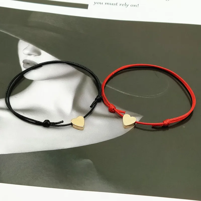 2 unids/lote Pequeño amor corazón pulsera de la suerte, rojo, negro, blanco, Color de la cuerda pulsera ajustable par de Pulseras de Moda al por mayor