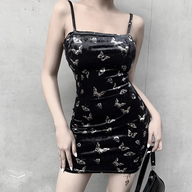 Goth Dark Harajuku Black Dress Women Gothic Spaghetti Strap Backless Off Shoulder Dresses Female Fashion Casual Print Sexy Dress
