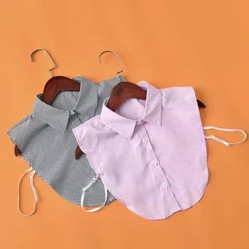 

Elegant Women Denim Sweater Ruffle Shirt Fake Collar Cardigan Button Plaid Striped Cotton Detachable False Collar Blouse Tops