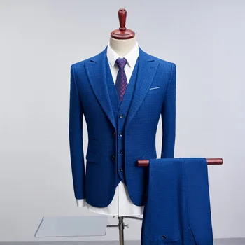 

Men's New Small Plaid Suit Sanding Three-piece Business Casual Single Row Two Buckle Korean Version of the Slim Suit