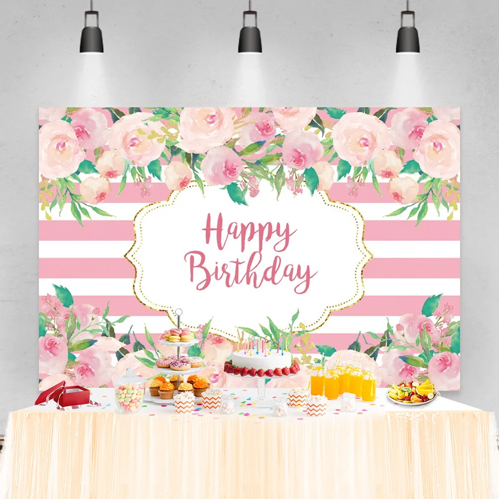 

Laeacco Pink Stripe Rose Flower Happy Birthday Party Backdrop For Photographic Portrait Photocall Banner Photo Studio Background