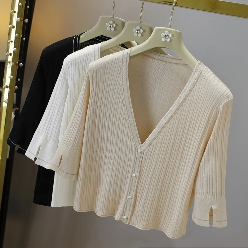 

Short Thin Knit Jacket Women Shawl Ice-silk Knitted Coat Summer Lady Sunscreen Cardigan Air-conditioner Shirt Femme Top Nancylim