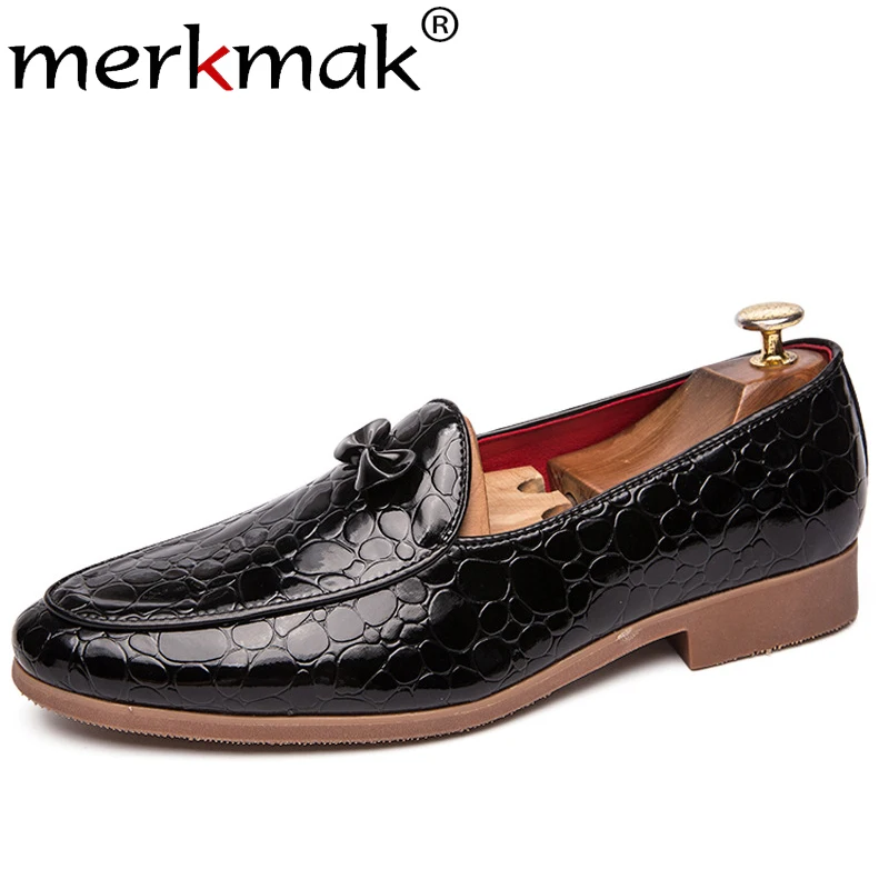 

Merkmak Pointed Toe Men Shoe Fashion Crocodile Pattern Men Dress Shoes Business Formal Footwear Big Size Bow Male Party Footwear