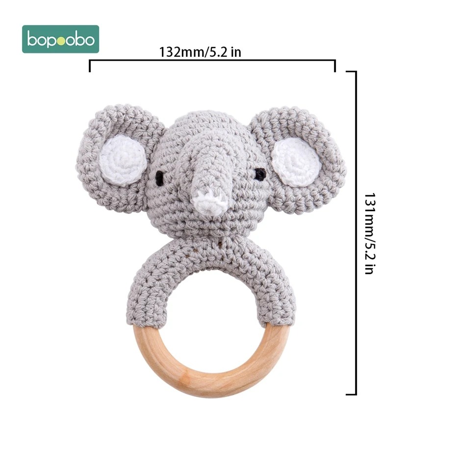5PC Baby Rattle Toys Cartton Animal Crochet Wooden Rings Rattle DIY Crafts Teething Rattle Amigurumi For Baby Cot Hanging Toy 7