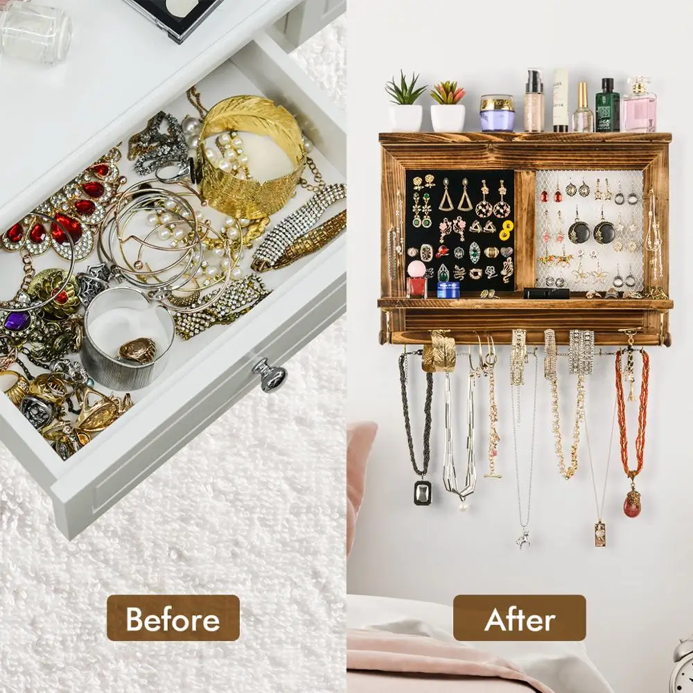 

Jewelry Display Hanging Wall Mounted Necklace Earrings Bracelets Long Hanging Chain Wooden Organizer Stand Rack Holder