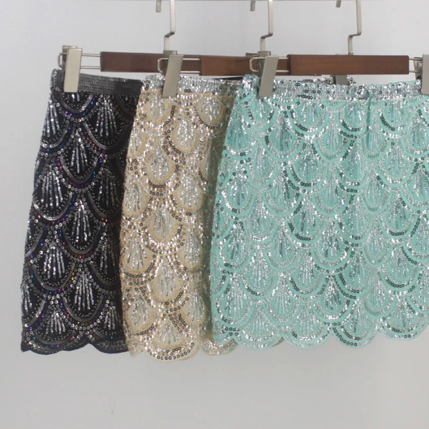 

2020 women cheap new famous socialite wave edge package buttock half skirt heavy industry sequins blingbling nail bead skirts
