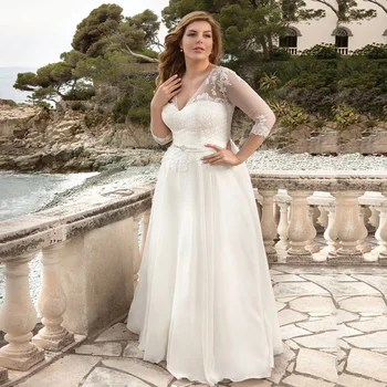 

2021 Plus Size Wedding Dresses Three Quarter Sleeves V Neck Appliques Beading Sashes Chiffon Bridal Dress Vestido De Novia