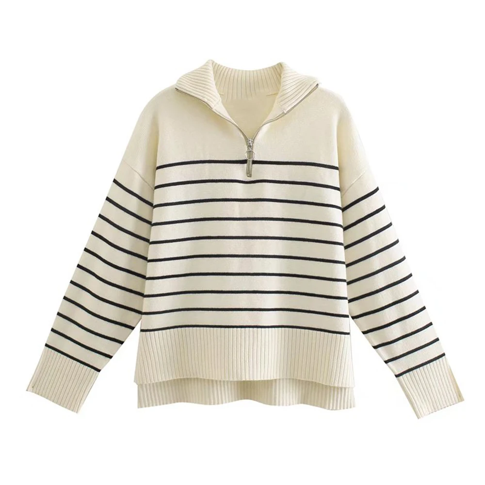 turtleneck KPYTOMOA Women Fashion Oversized Striped Knit Sweater Vintage Long Sleeve Loose Female Pullovers Chic Tops yellow sweater